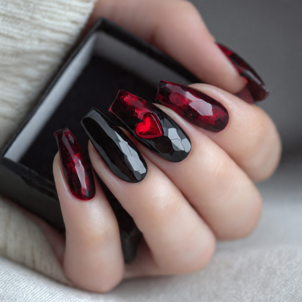 black and red coffin valentine nails