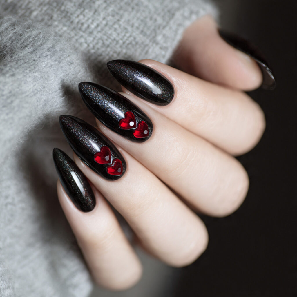 black cat eye nails with red heart
