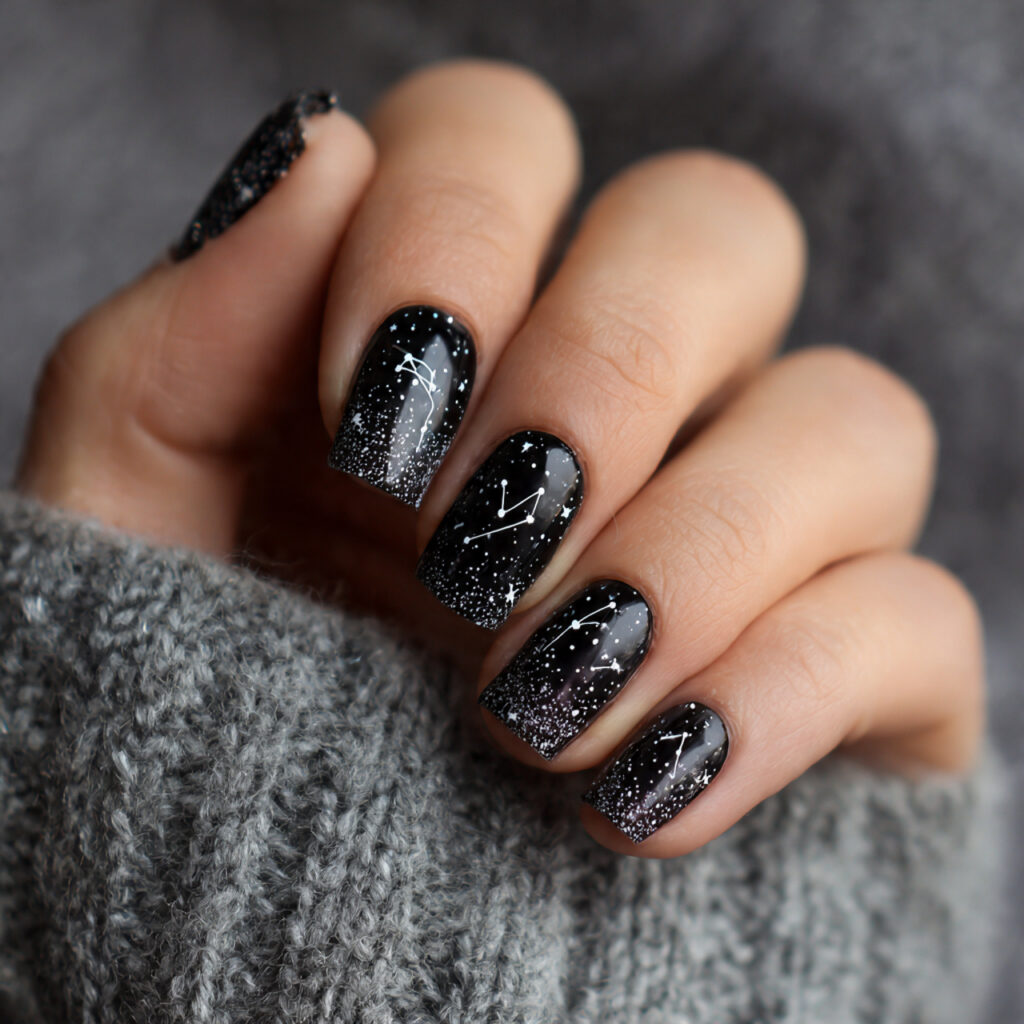 black gradient nails with white constellation map
