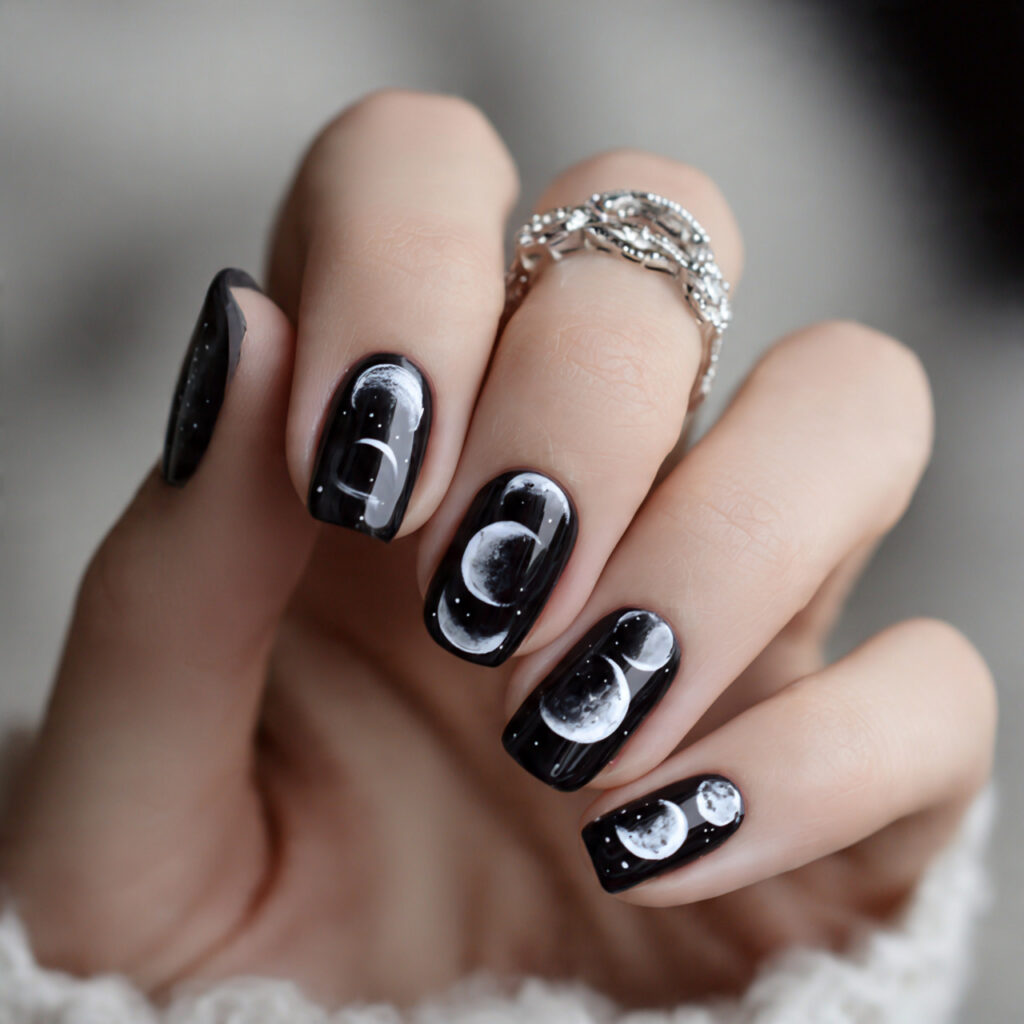 black nails decorated with white moon phase