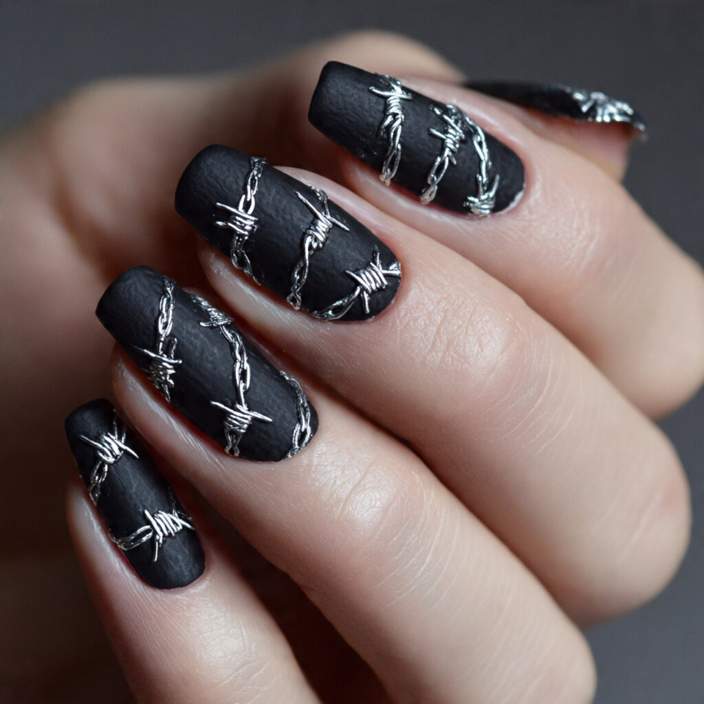 black nails featuring silver barbed wire designs