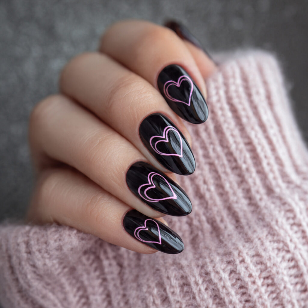 black nails with delicate pink heart outlines