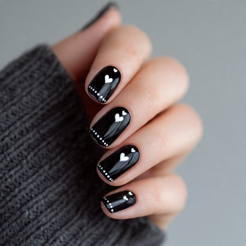 black nails with delicate white heart accents