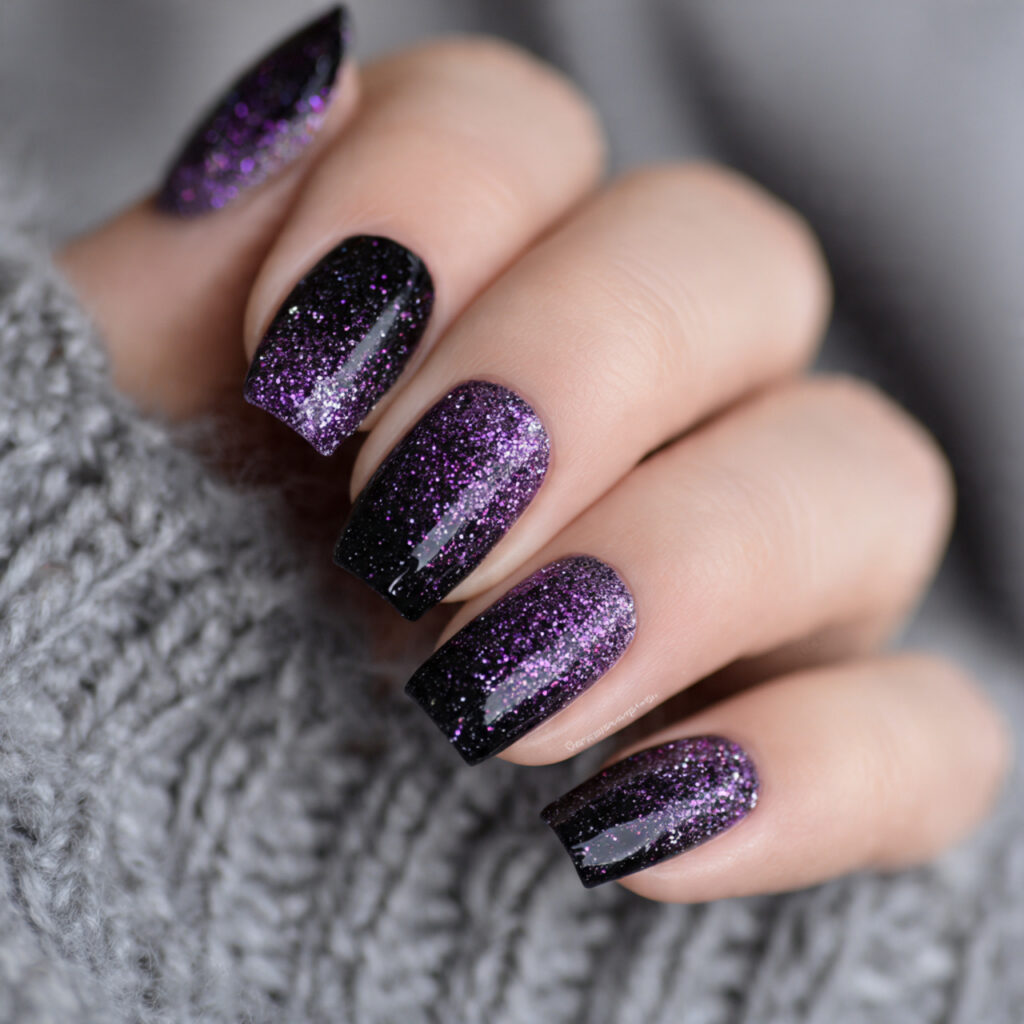 black nails with purple glitter gradient create