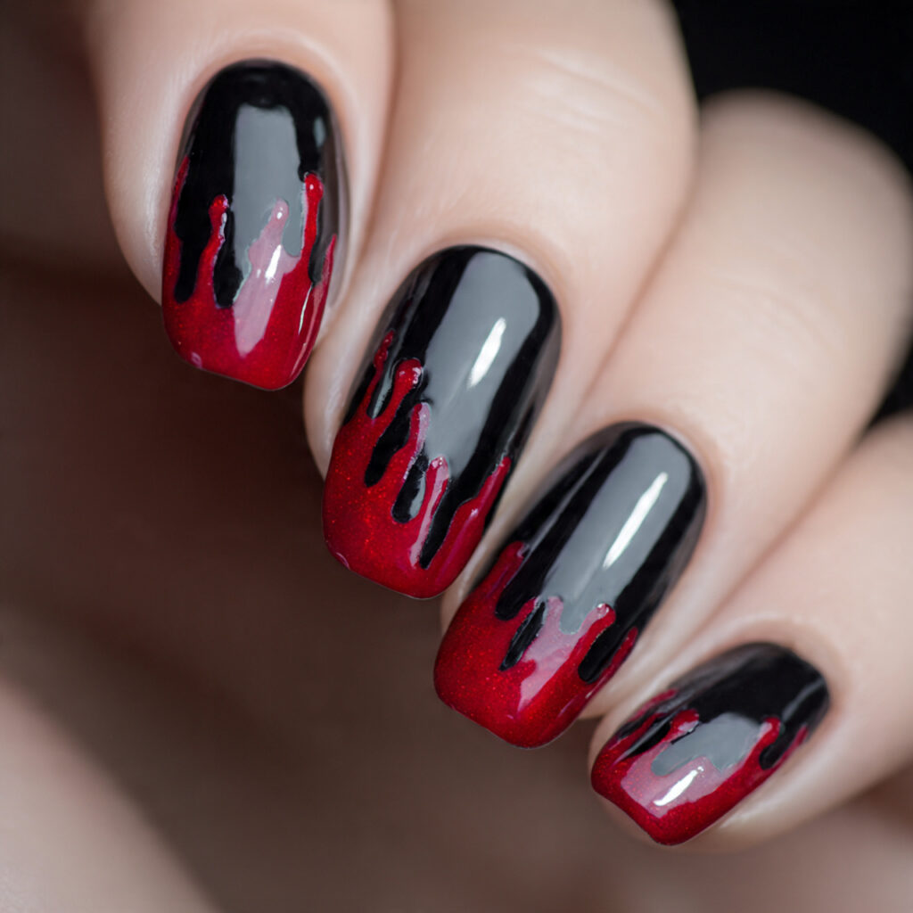 black nails with red dripping blood effects