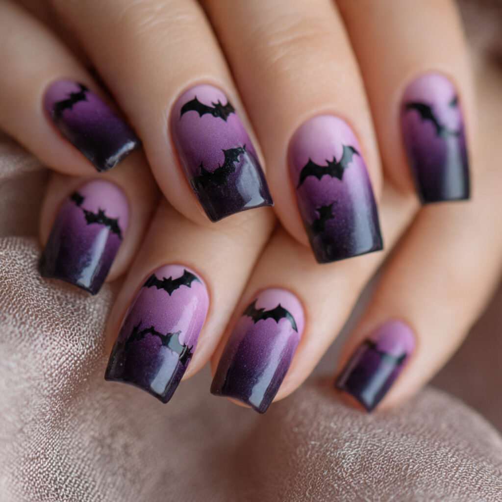 black to purple ombre nails decorated with