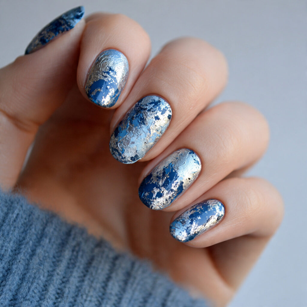 blue and silver foil nails combine various
