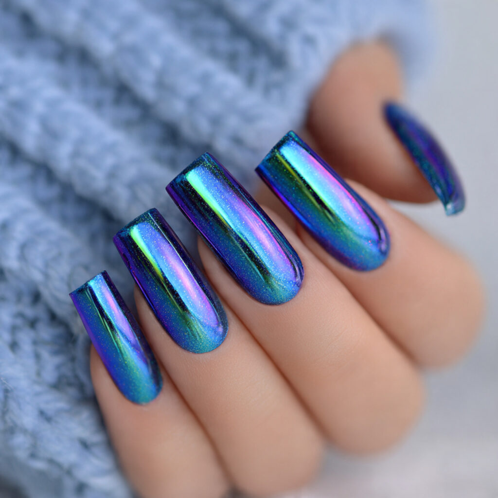 blue aurora nails capture ethereal northern lights