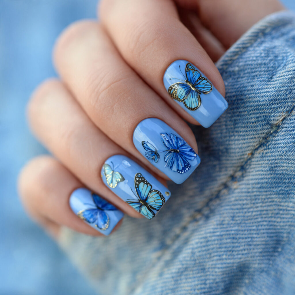 blue butterfly nails feature delicate butterfly illustrations