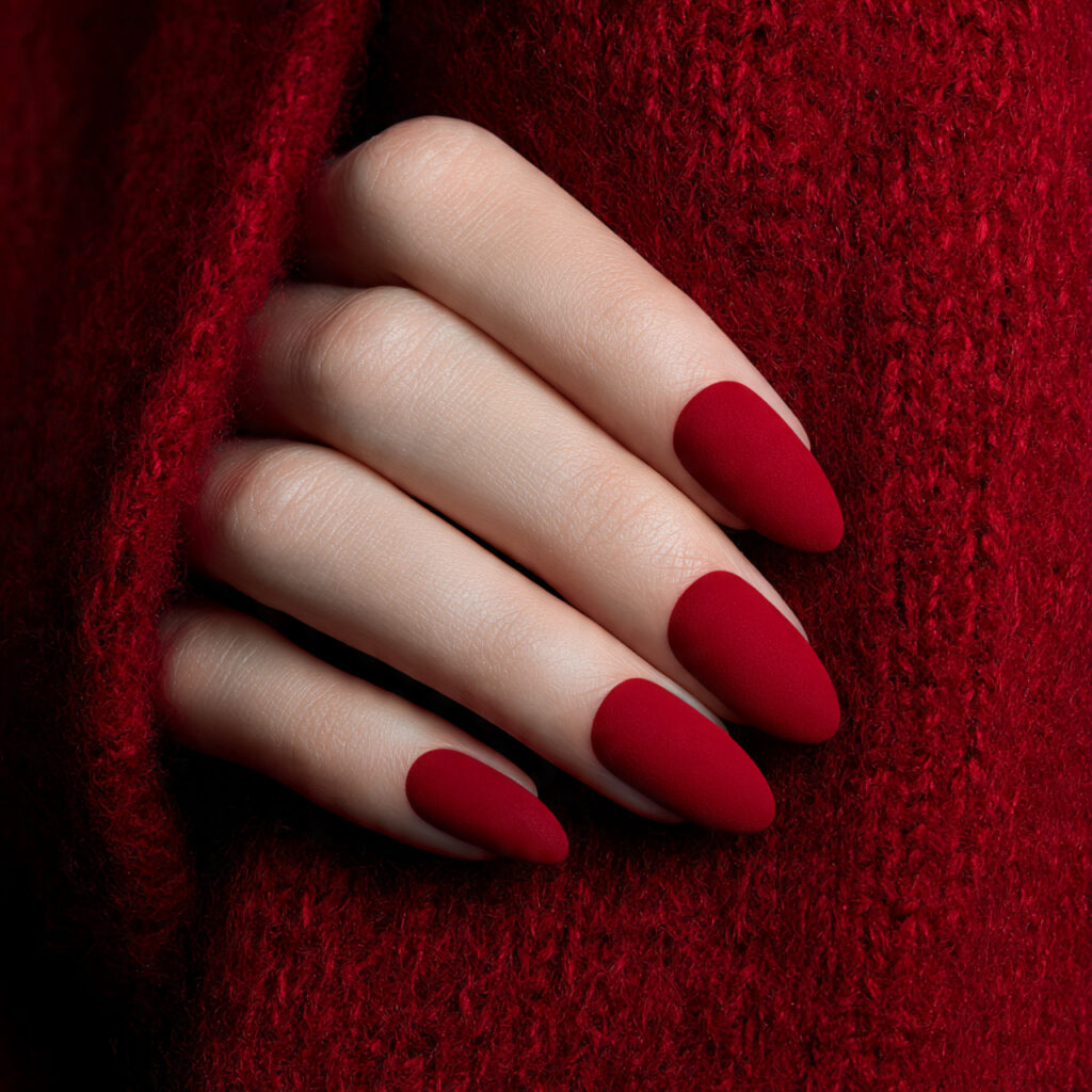bold valentine nails almond red through velvety