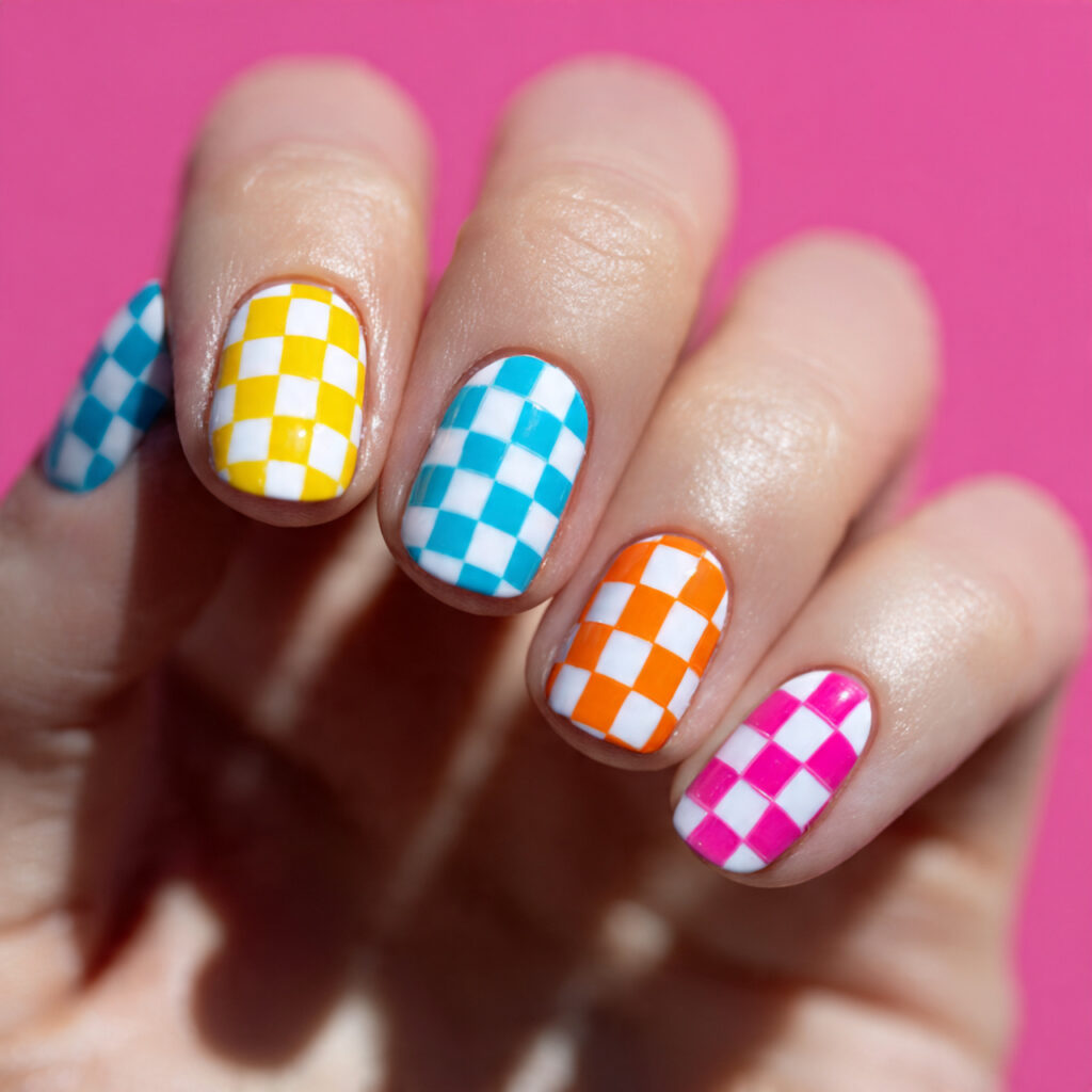 bright checkerboard nails recreate the classic geometric