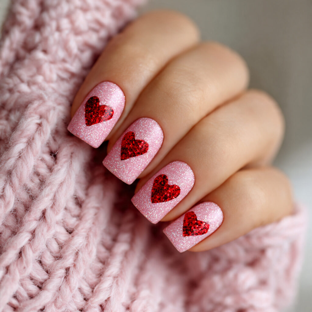 bubblegum pink nails with red glitter hearts