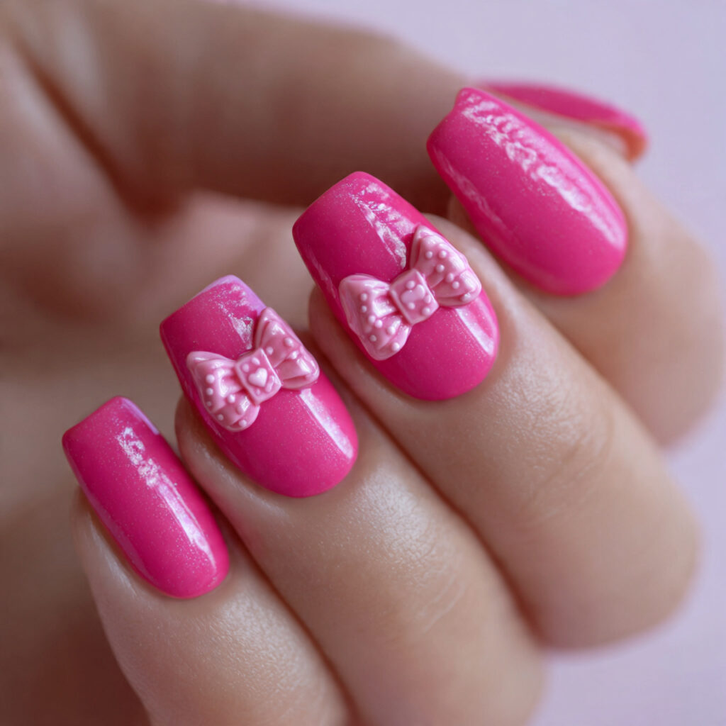 bubblegum pink nails with three dimensional bow charms