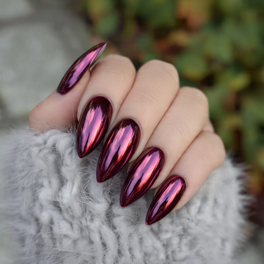 26 February Nail Trends Everyone Is Loving Right Now 14 burgundy chrome nails pin style with the