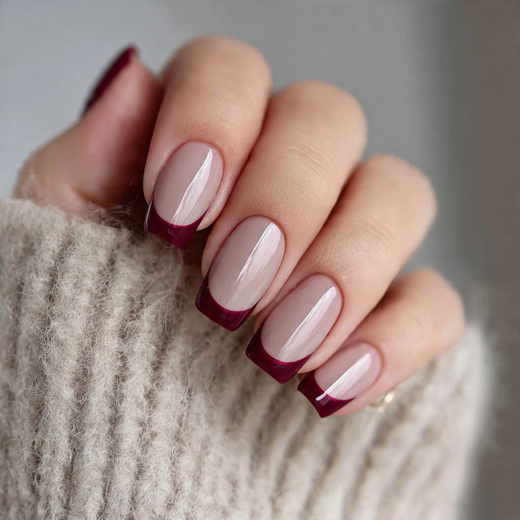 burgundy french tip nails give a bold