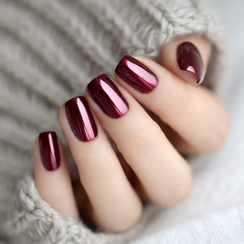 burgundy nails with a subtle chrome finish
