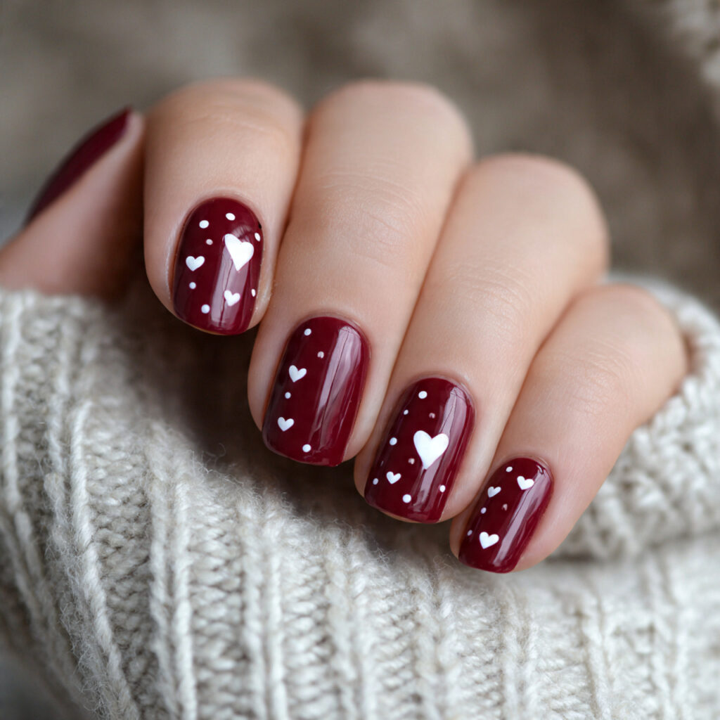 burgundy nails with heart accents bring romance