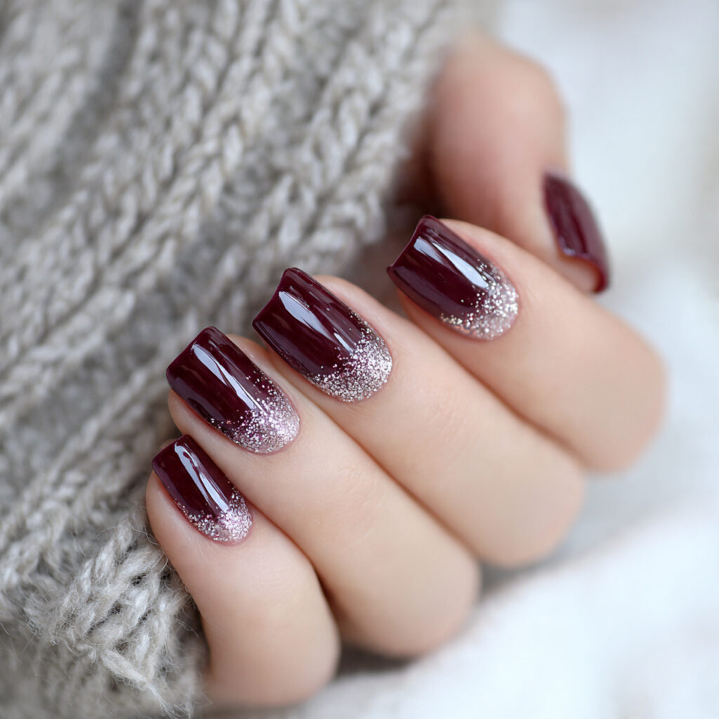 burgundy nails with soft glitter tips add