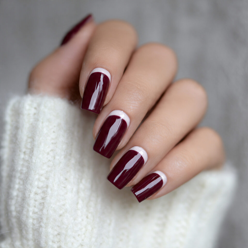 burgundy nails with soft white accents