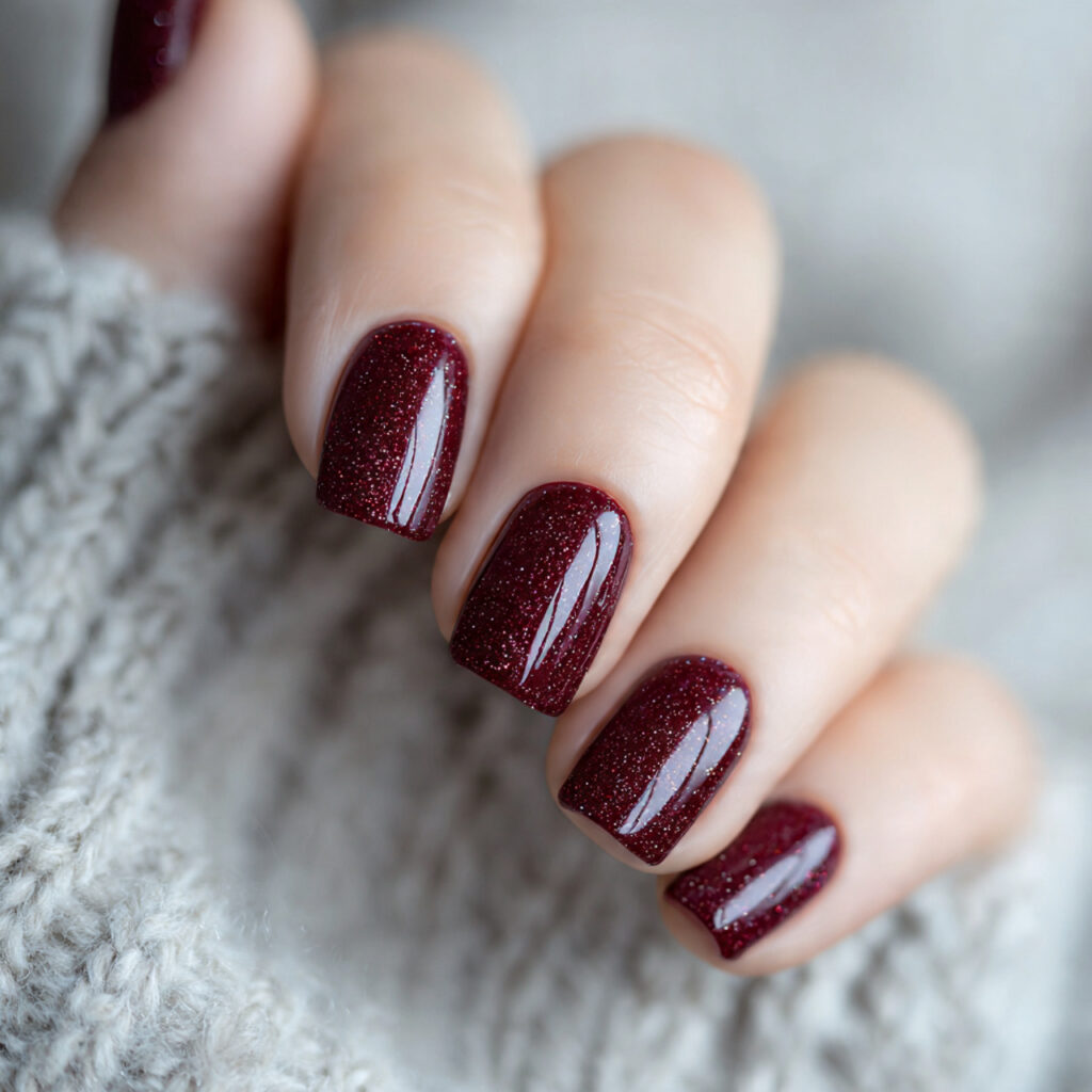 burgundy nails with subtle glitter add depth