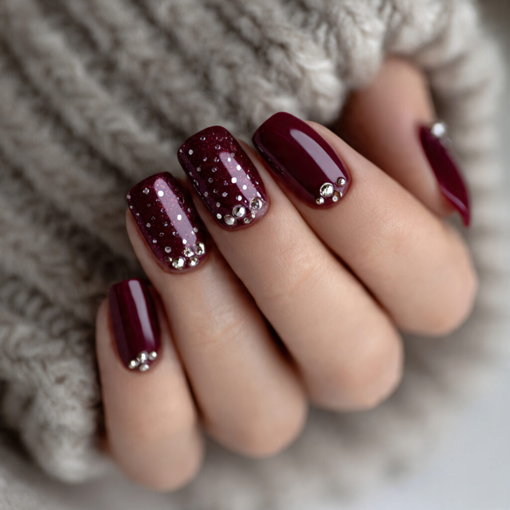 burgundy nails with subtle rhinestones add glamour