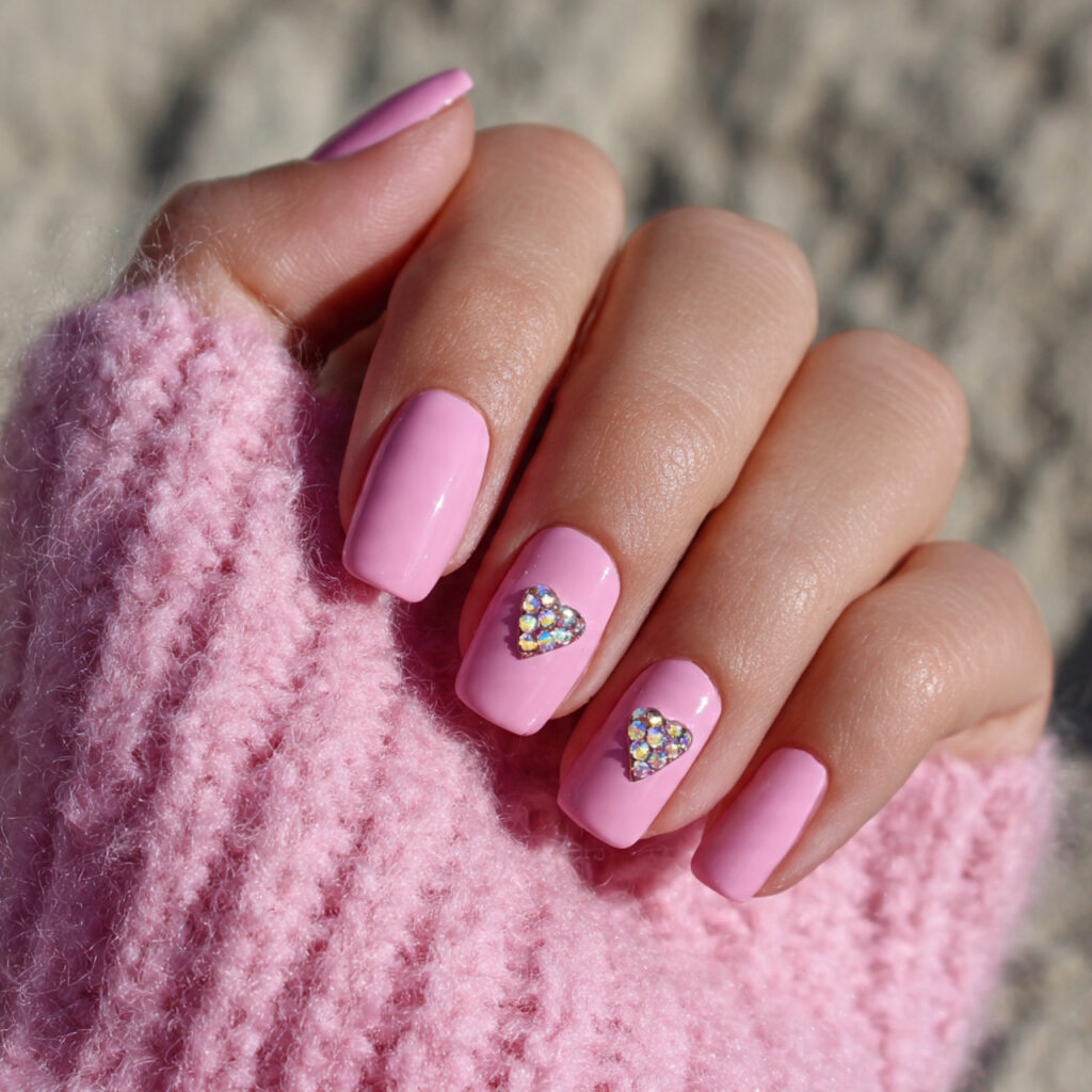 candy pink nails with rhinestone heart embellishments
