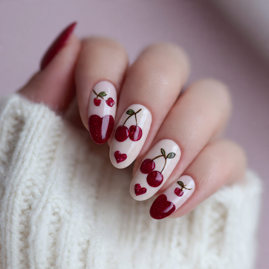 cherry love valentine nails combine playful fruit