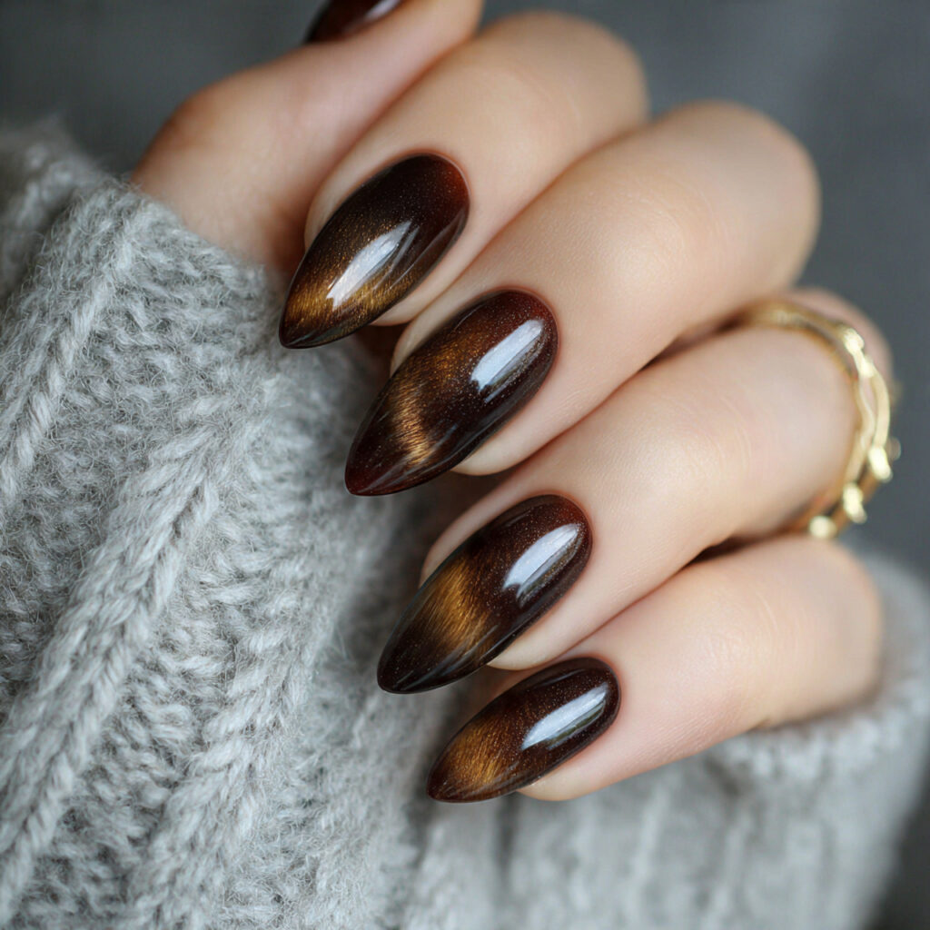 chocolate brown cat eye nails on almond shaped