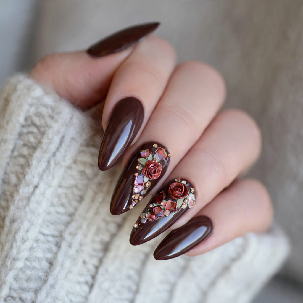 chocolate brown valentine nails almond long with