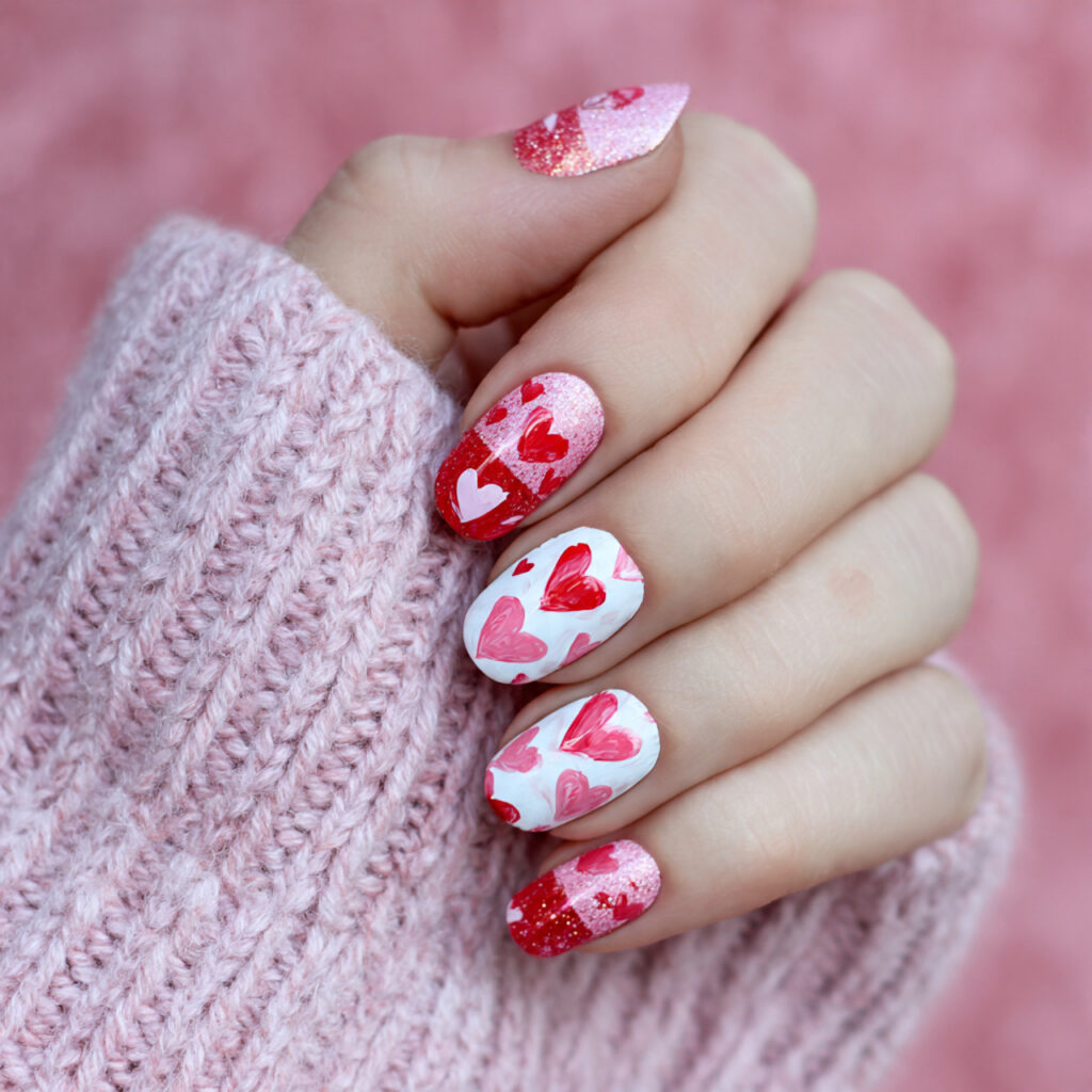 classic heart valentine nails
