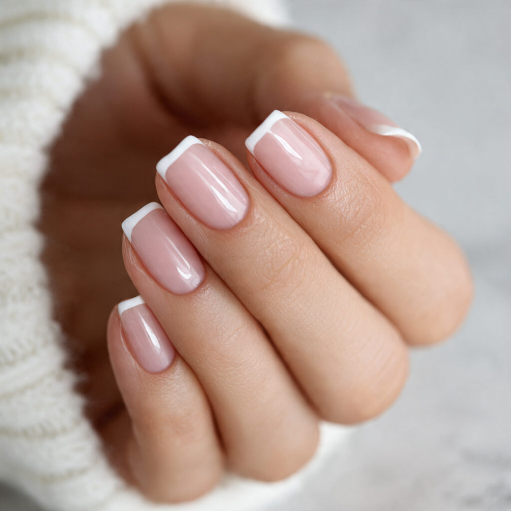 classic short french manicure features traditional white