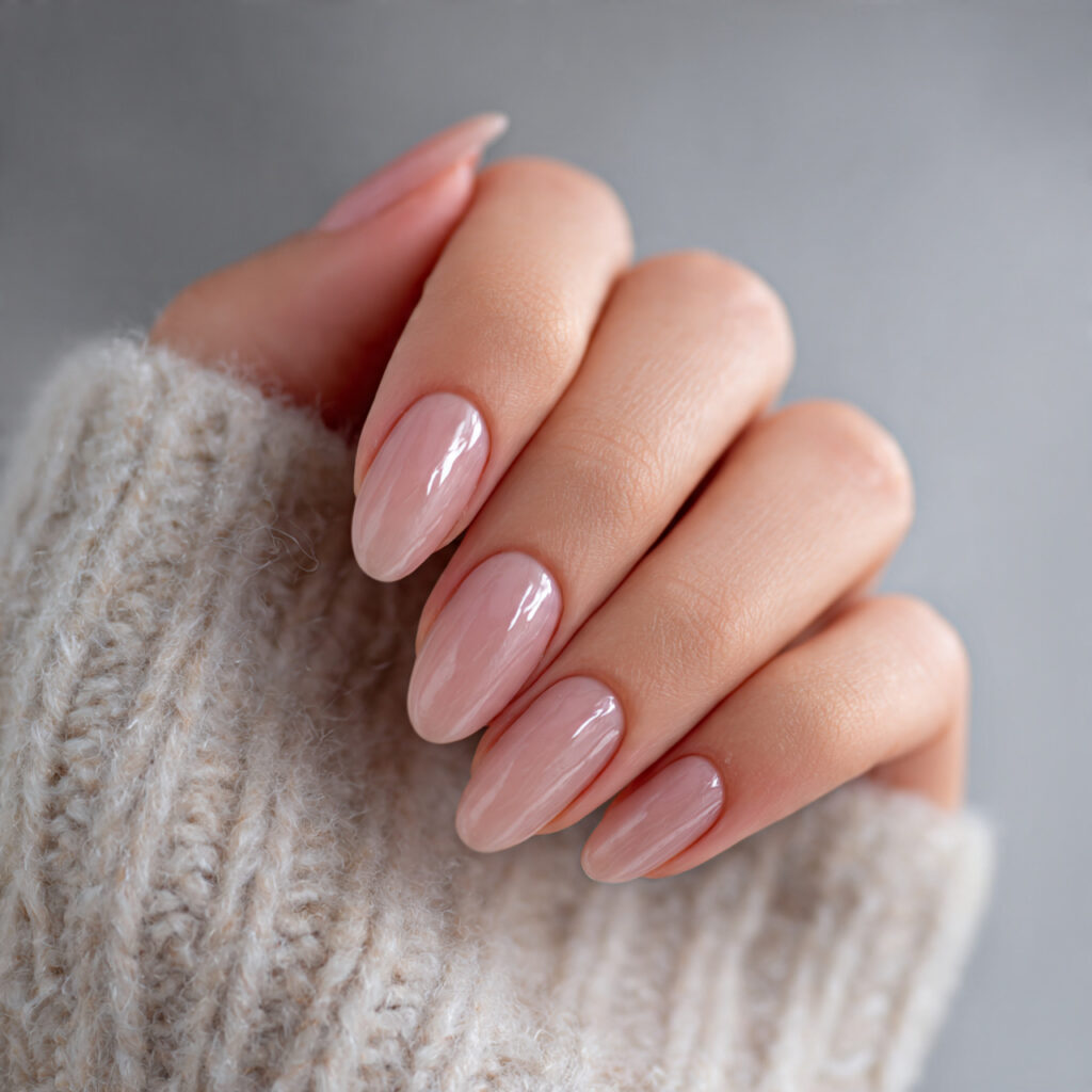 clean girl nails with a clear gloss