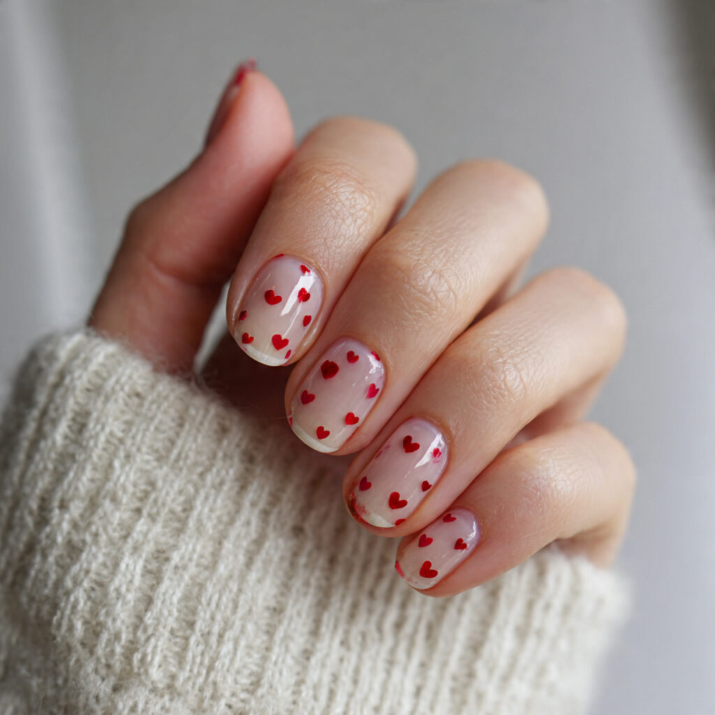 clear base nails with tiny red hearts