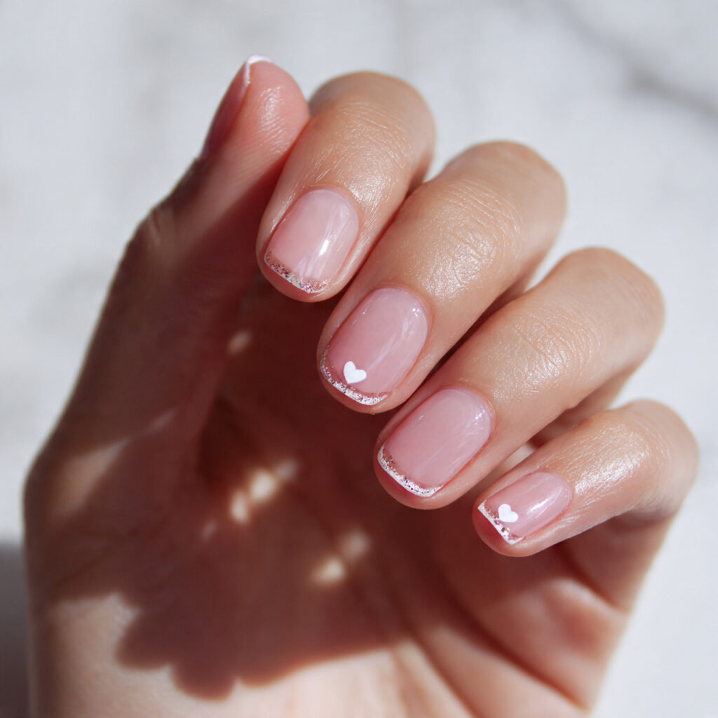 clear nails with a micro heart detail