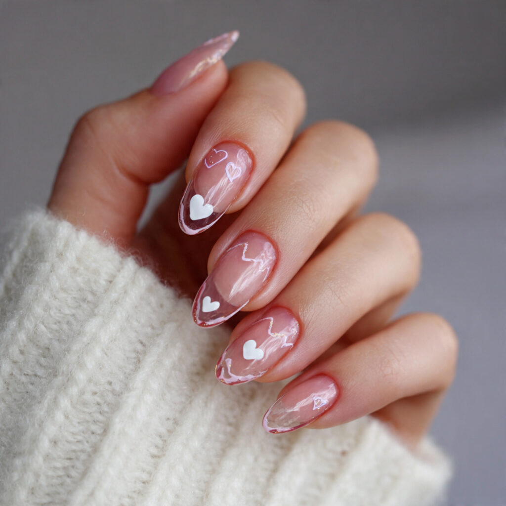 27 Heart Nail Designs for Romantic & Classy Nails 21 clear nails with minimal heart stickers