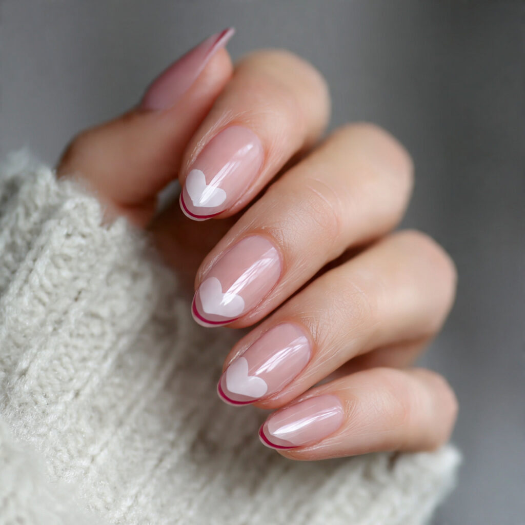 clear pink nails with a minimal heart