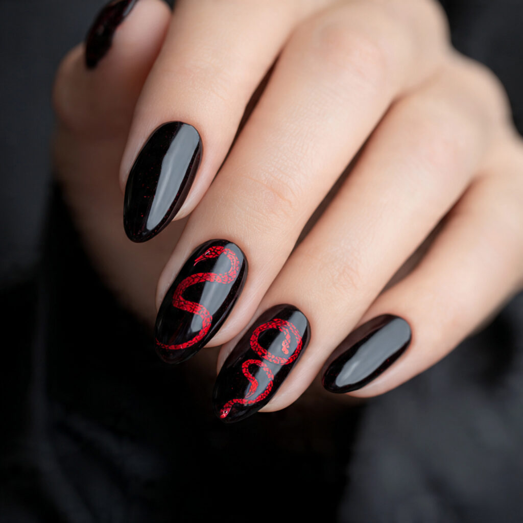 close up photo of almond shaped nails painted deep