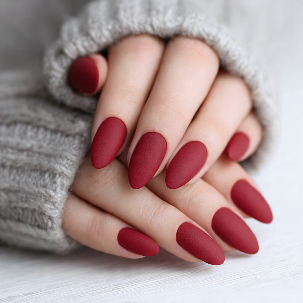 close up photo of almond shaped nails painted in