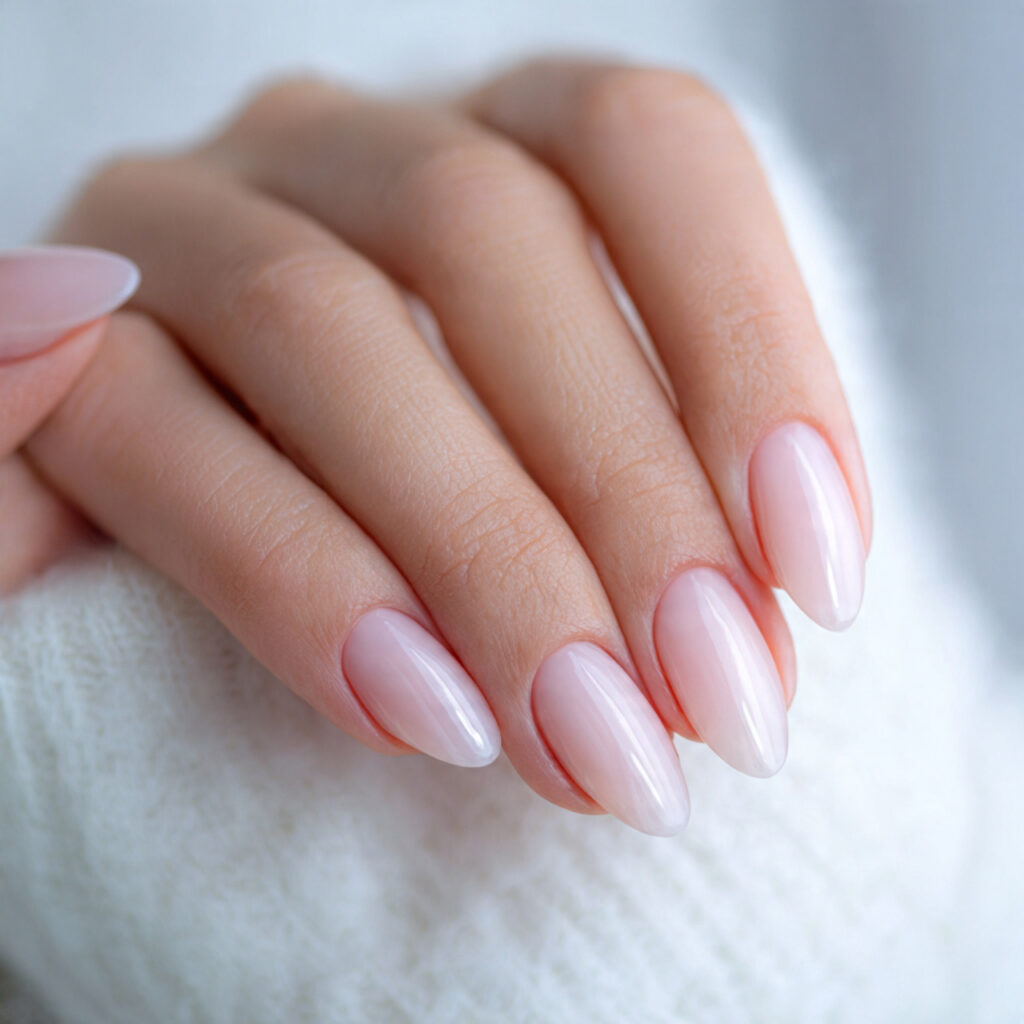 close up photo of almond shaped nails with a