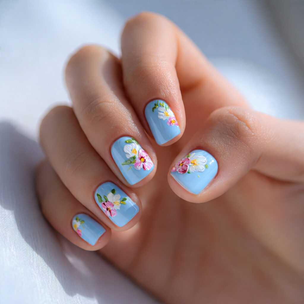 close up photo of light blue nails with