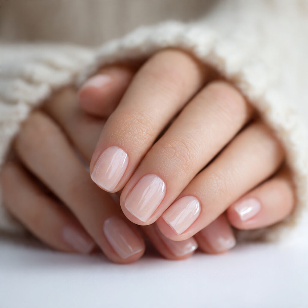 close up photo of short clear nails with