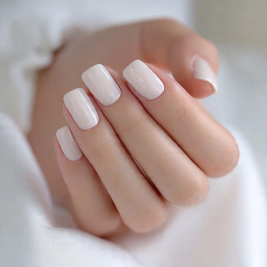 close up photo of short square shaped nails painted