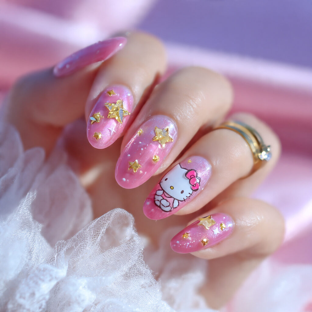 cotton candy pink nails with hello kitty