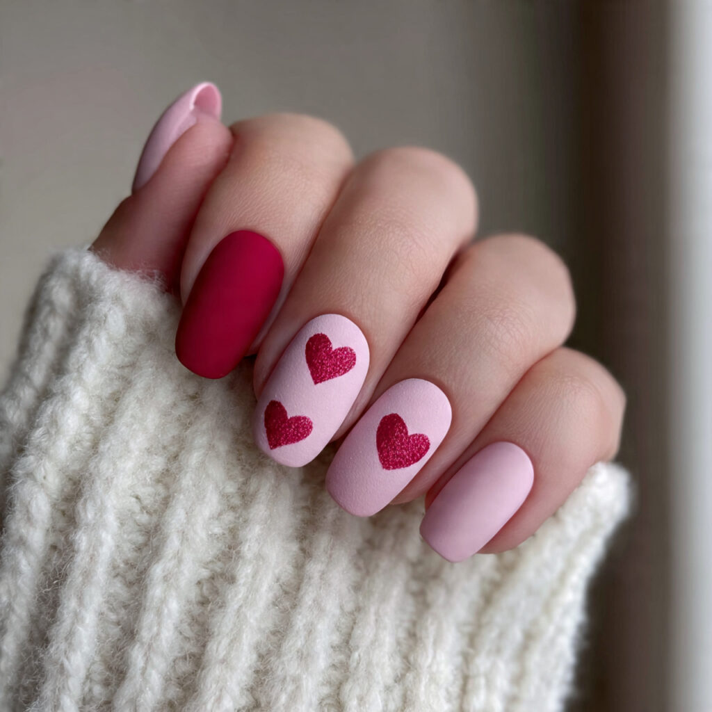 cozy matte valentine nails in soft pink