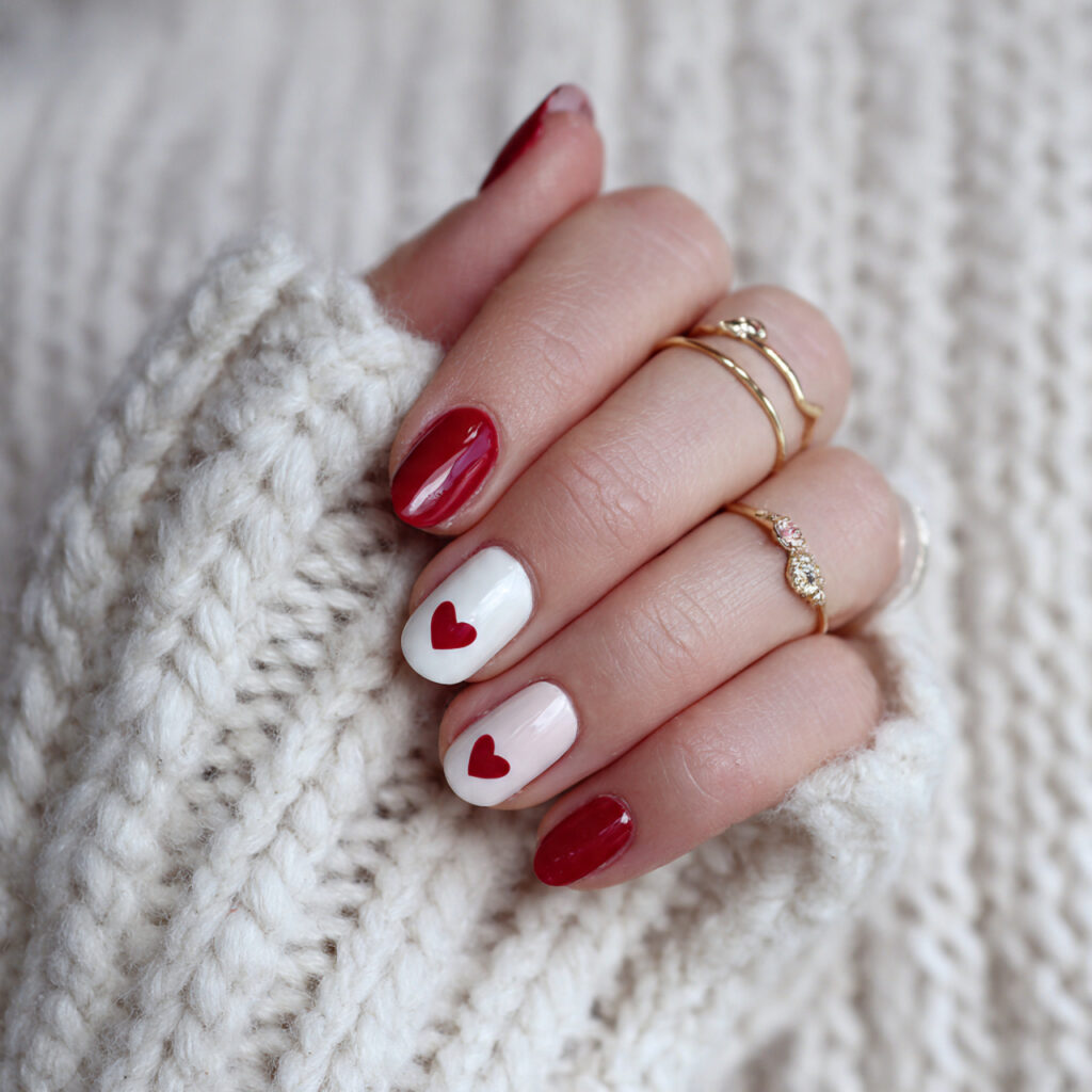 cozy valentine nails with minimal white accents