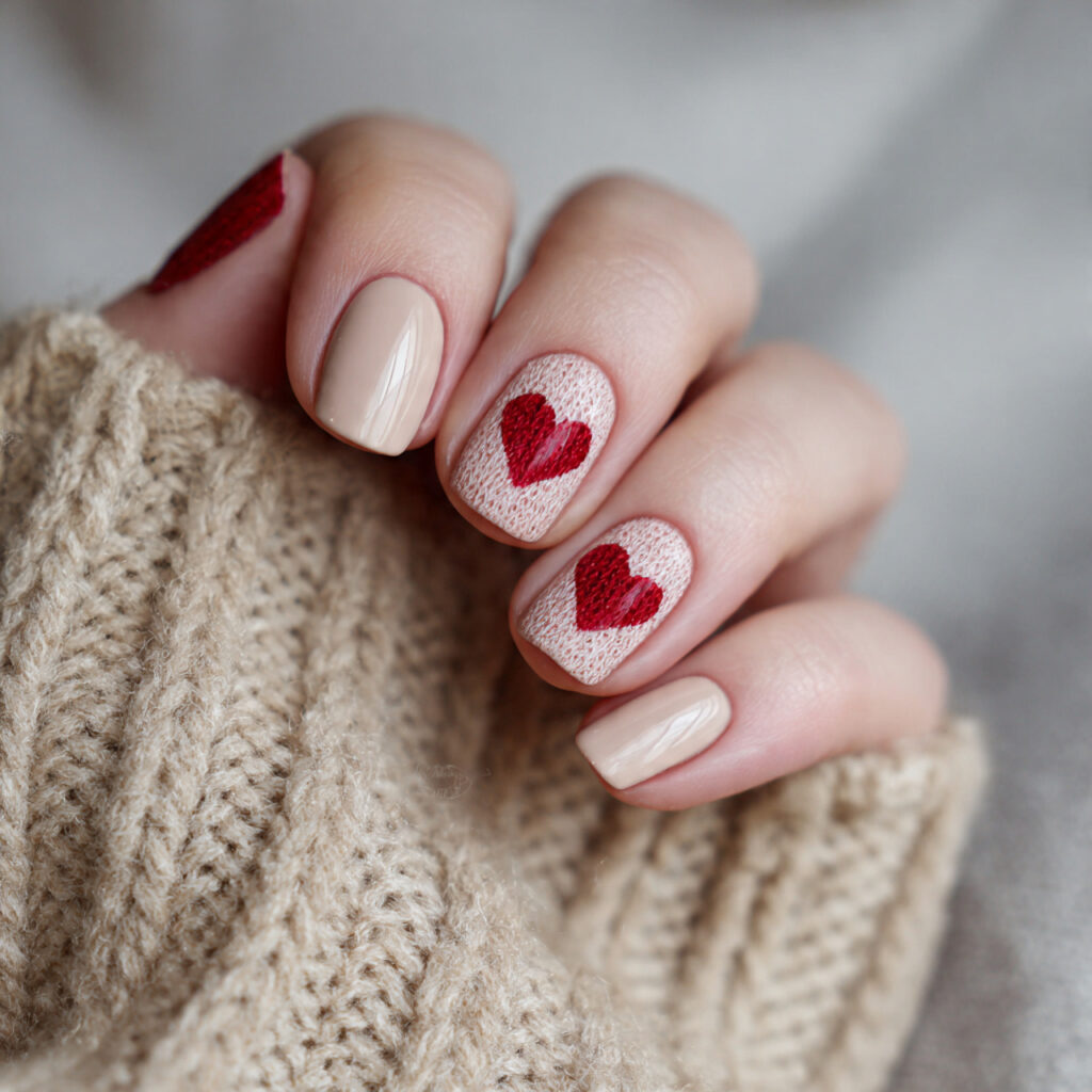 cozy valentine nails with soft beige base