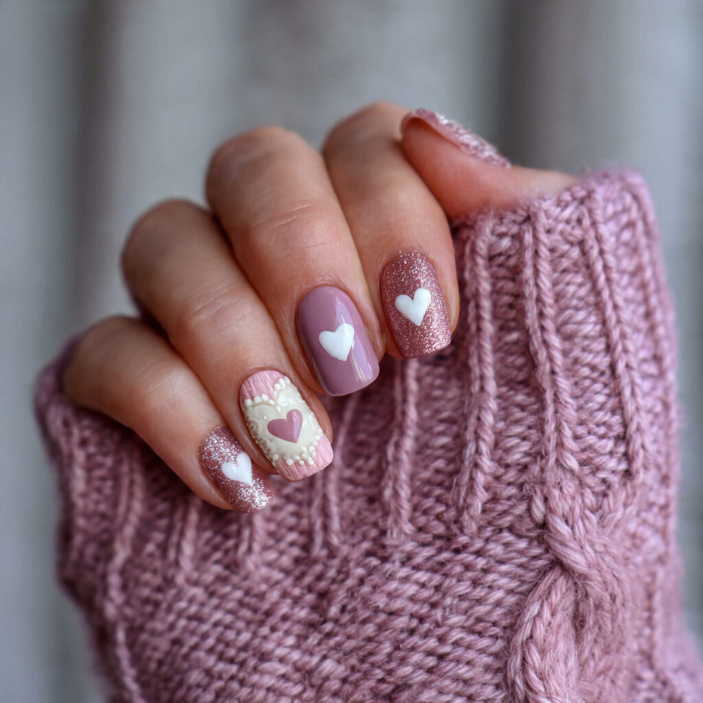 cozy valentine nails with soft mauve shades