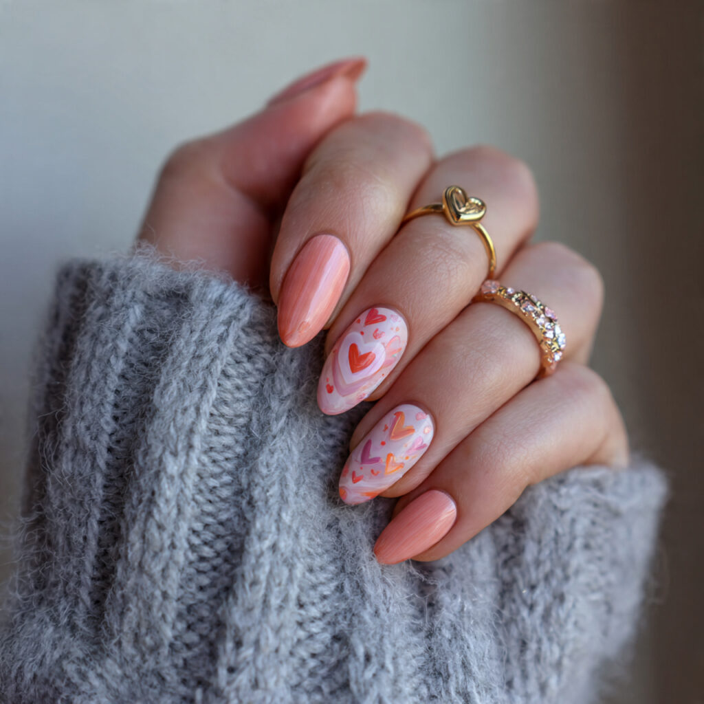cozy valentine nails with soft peach shades