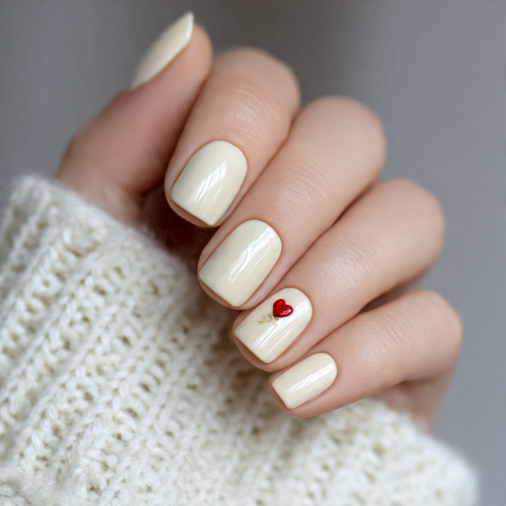 cream nails with tiny heart near cuticle