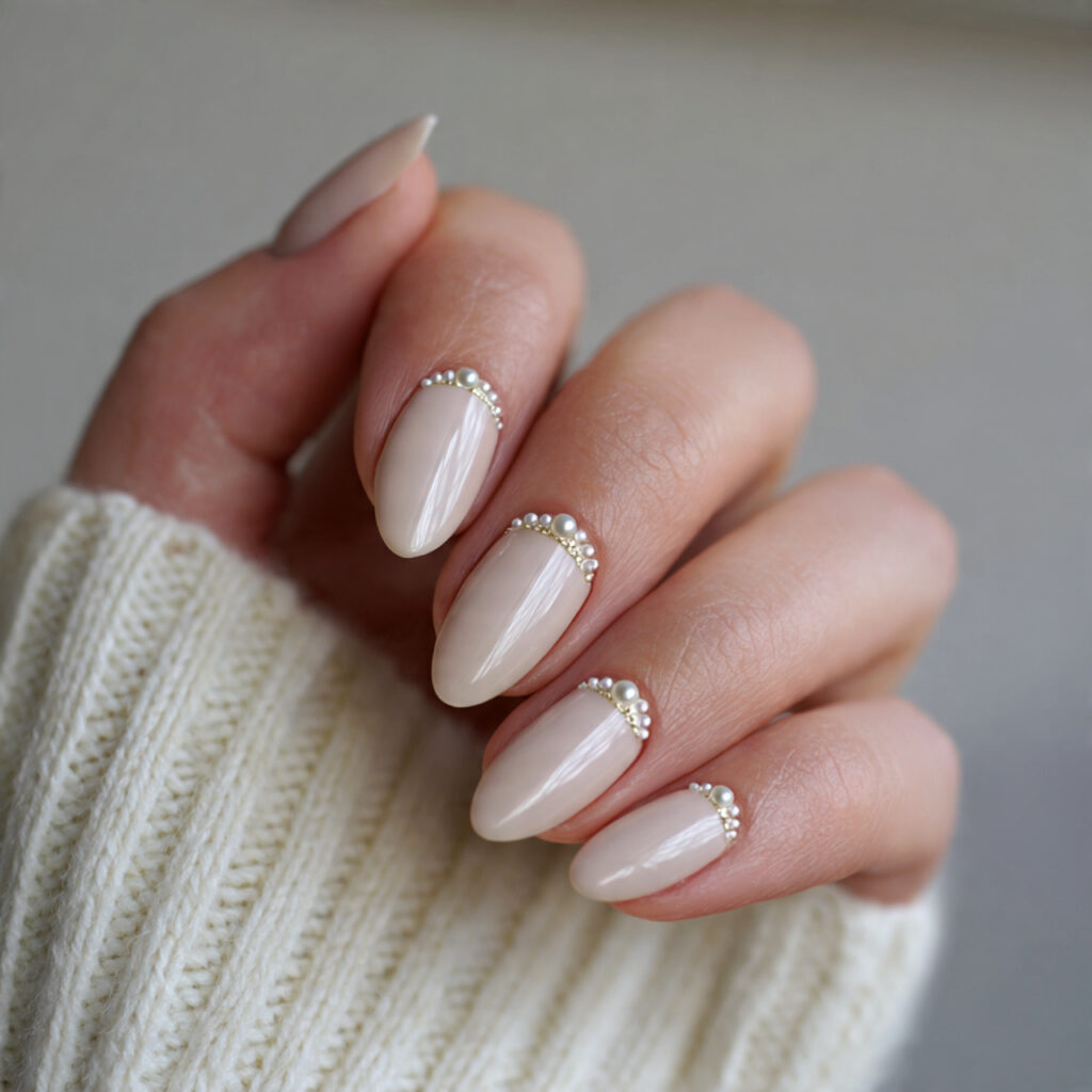 cream nails with tiny pearl detail